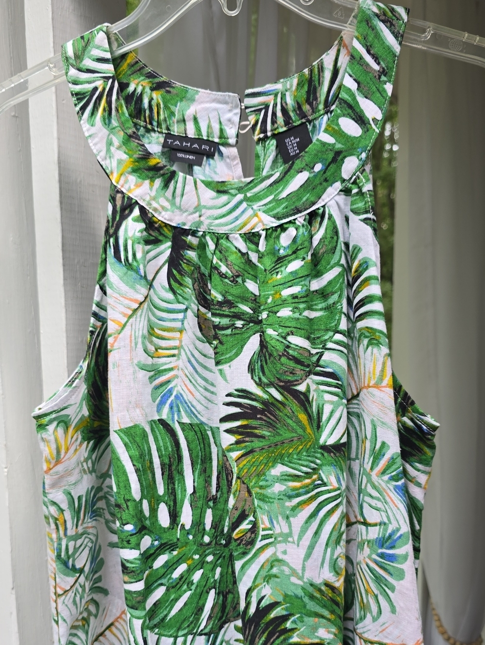 Tahari Green and White Tropical Leaf Sundress